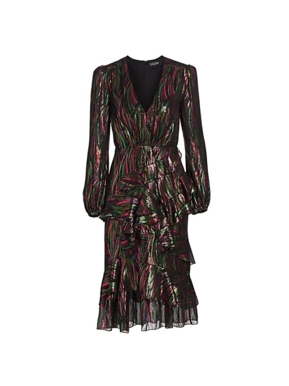 NEW Saloni Alya Black Rainbow Oilspill Silk Metallic Midi Dress Size 4 - Picture 16 of 16